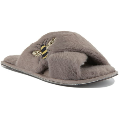 

Joules Honey Women s Bee Embroidered Faux Fur Slippers In Grey Size 7/8