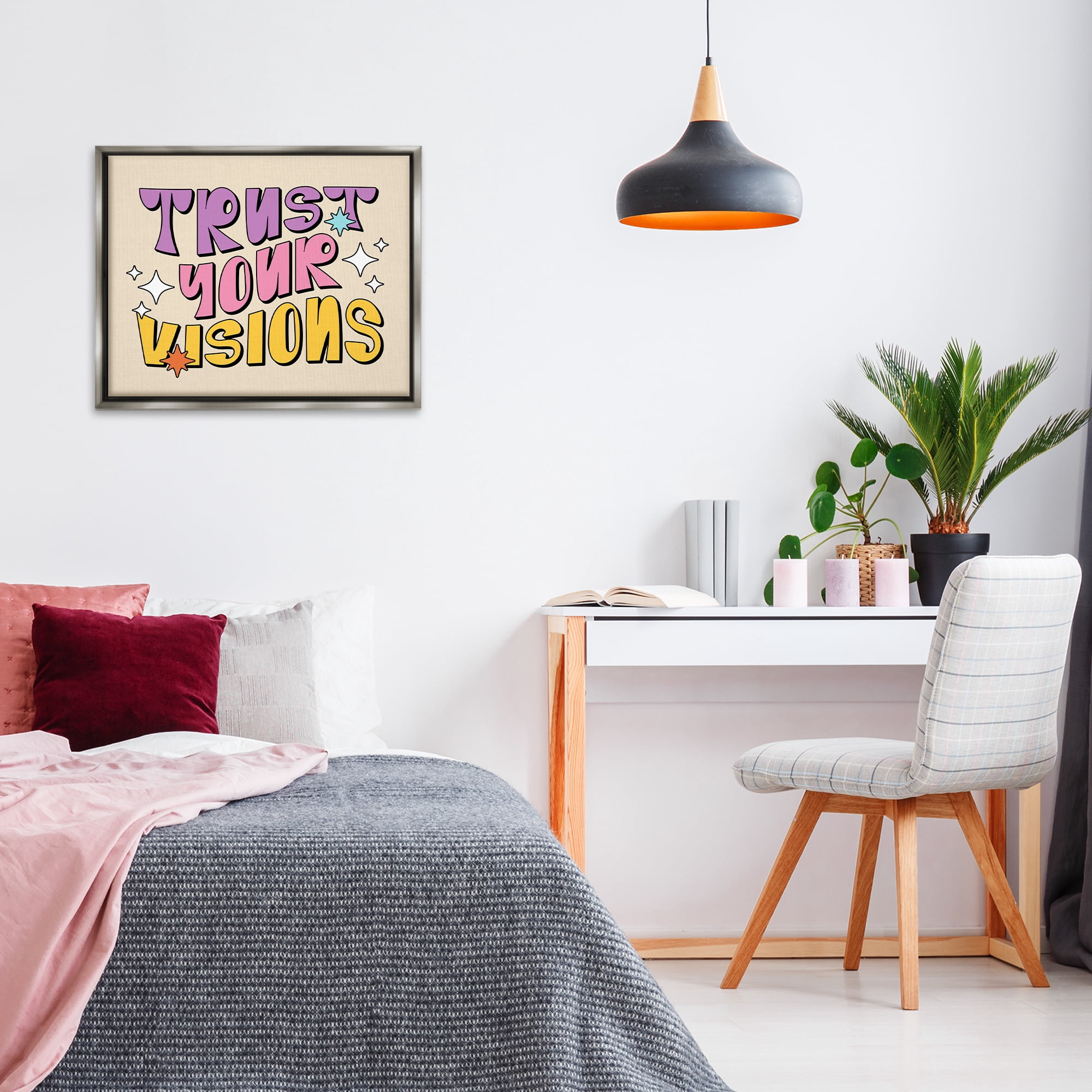 Stupell Industries Retro Trust Your Visions Text & Numbers Painting Gray Floater Framed Canvas Art Print Wall Art, 31 x 25