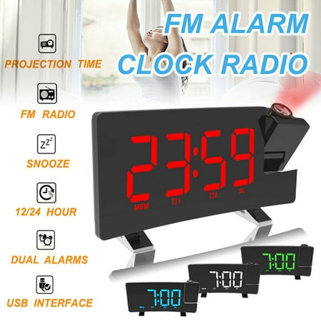 Projection Alarm Clock, 5'' Large LED Display Curved-Screen Projection Clock, FM Radio Alarm Clock, Dual Alarm Clock with 4 Alarm Sounds 12/24 Hour Time