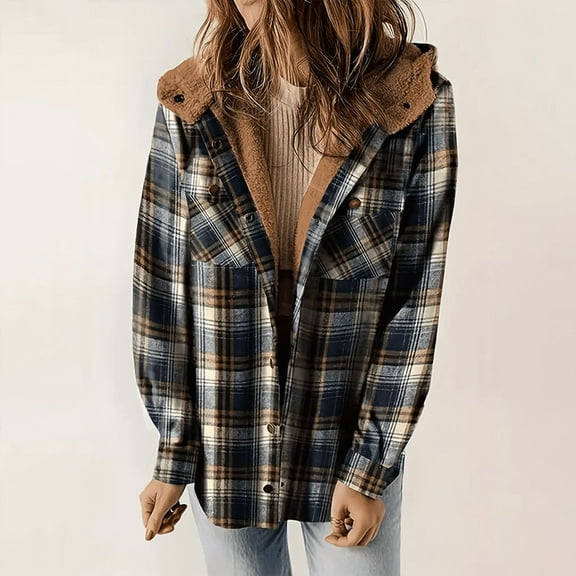MORTTIC Women's Plaid Flannel Hooded Jacket, Long Sleeve Button Front Fleece Lining Coat with Pockets Brown，S