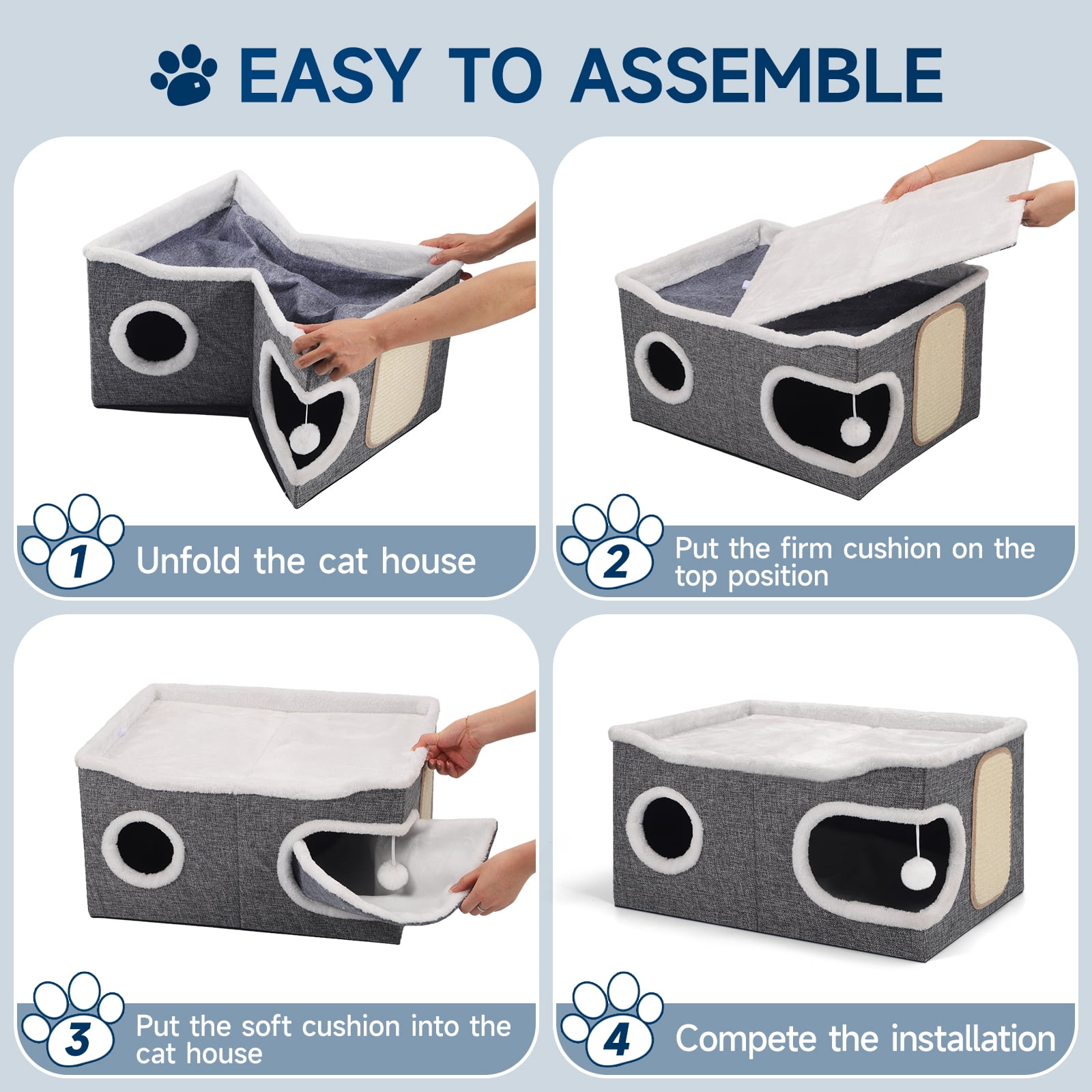 Cat Beds for Indoor Cats, Extra Wide Large Cat House for Pet Cat Cave with Scratch Pad and Fluffy Hanging Ball,Foldable Cat Cube Hideaway,Grey