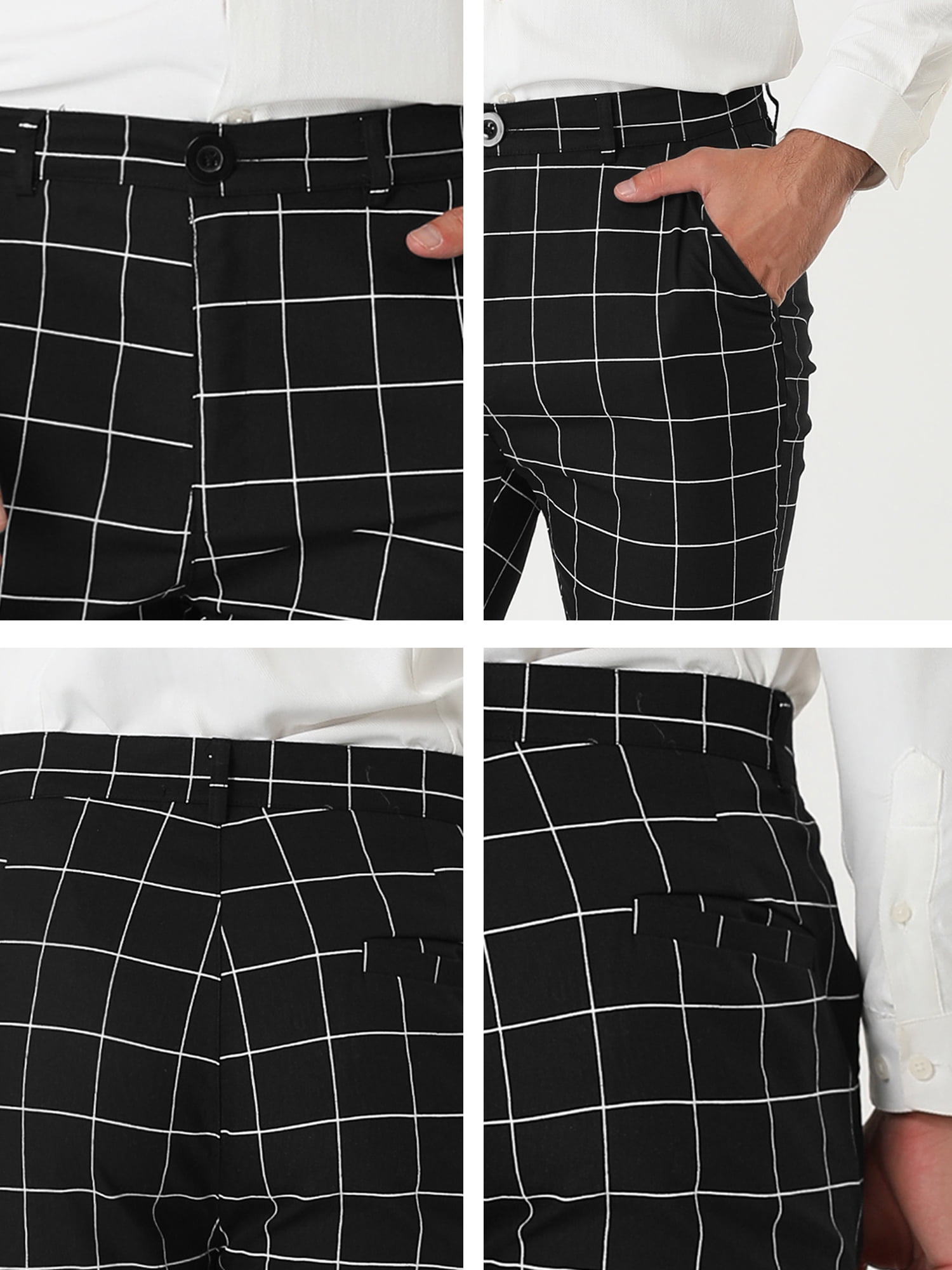 Unique Bargains Men's Slim Fit Plaid Business Pants Trousers with Pockets 30 Black and White