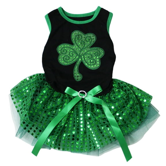 Petitebelle Green Sequins Clover Puppy Dog Dress (Black/Green Sequins, Medium)