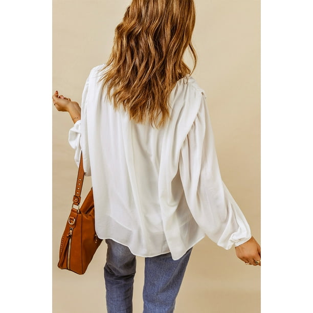 ABPHQTO Blusa blanca con cuello redondo y manga ondulada para mujer
