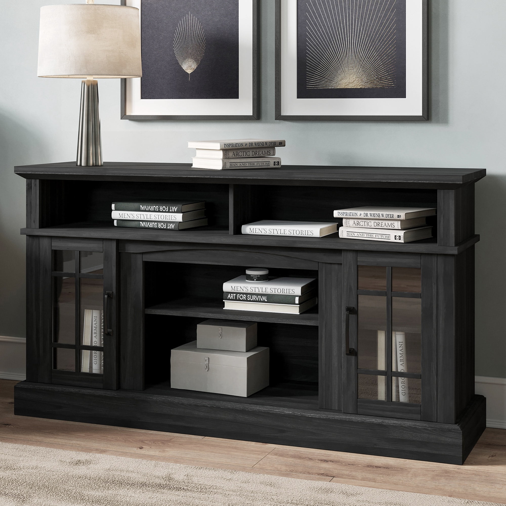 BELLEZE 58 Inch TV Stand, Rustic Wood Entertainment Center for TVs up to 65",  Contemporary Media Console Table with Two Open Shelves and Glass Door Cabinets - Astorga (Rustic Grey)