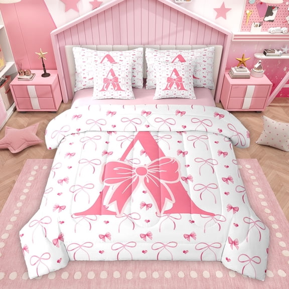 Homewish Initial A Letter Twin Bedding Sets 7-Piece for Girls, Cute Watercolor Bowknot Bedding Comforter Set, Pink Love Heart Reversible Sheet Sets, Lightweight Room Decor