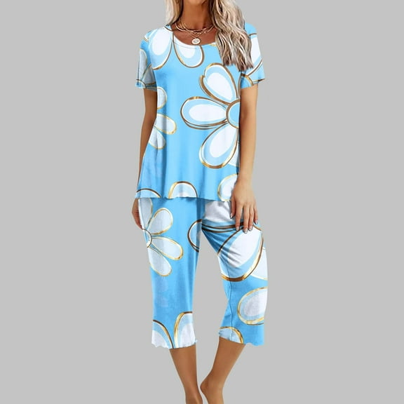 Women's Pajama Set Short Sleeve Pants Under $15 Casual Printed Sleeveless Round Neck Top Set