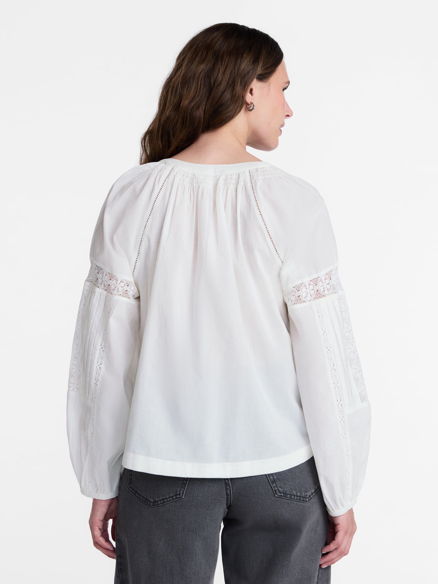 Time and Tru Women's Lace Insert Popover Full Sleeve Top, Sizes XS - XXXL