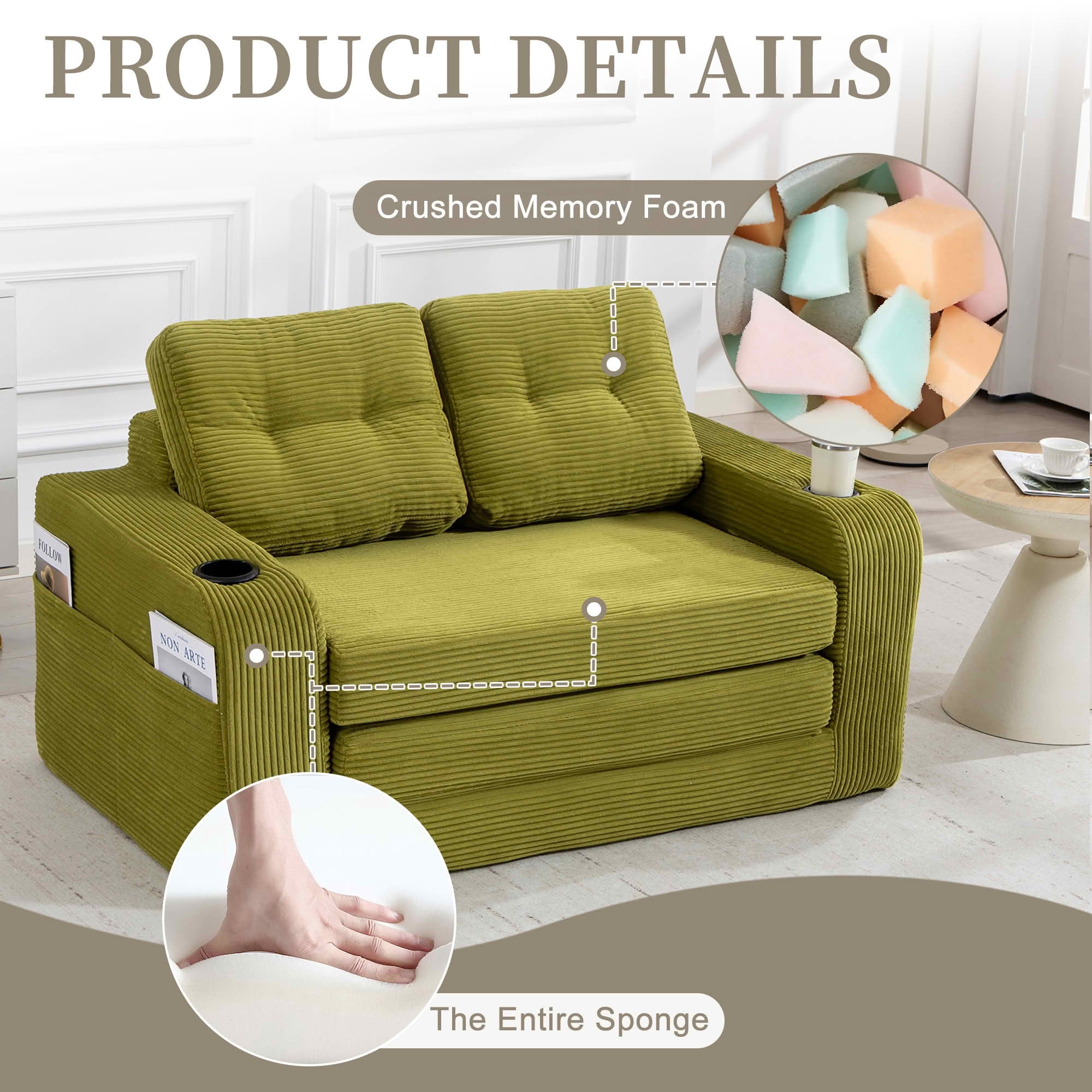 MAYEERTY 2-in-1 Convertible Expandable Sofa Bed, Fold Out Corduroy Floor Couch with Pillows, Side Pockets & Cup Holders for Bedroom Small Living Room