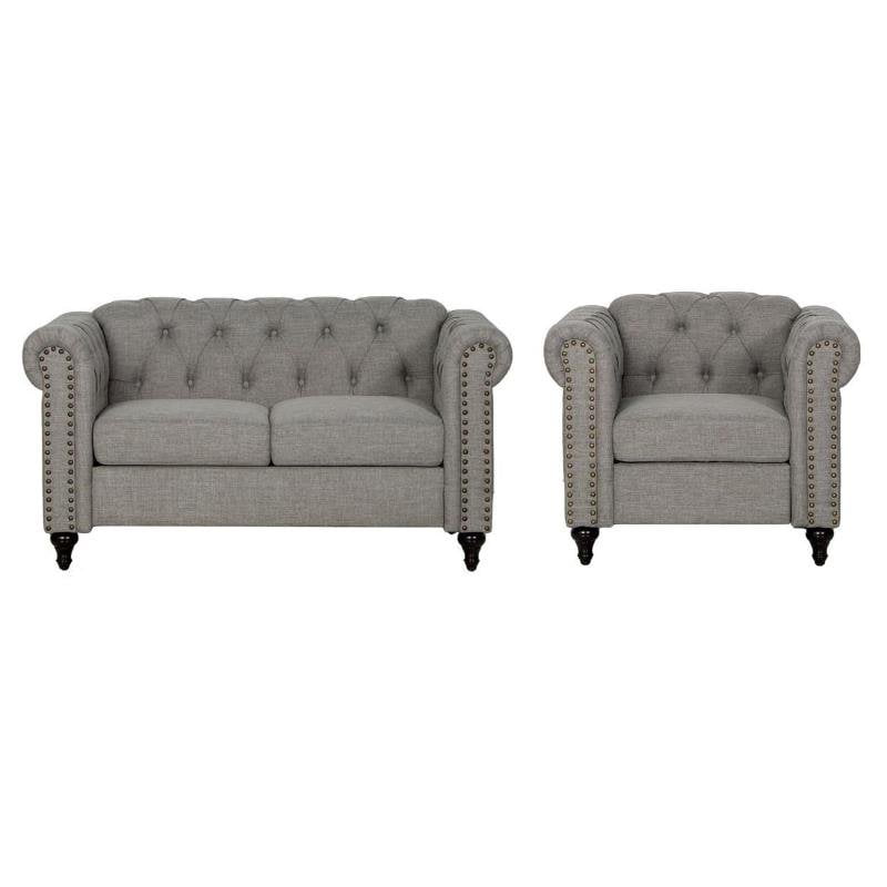 2 Piece Living Room Tufted Sofa Set with Loveseat and Armchair in Gray ...