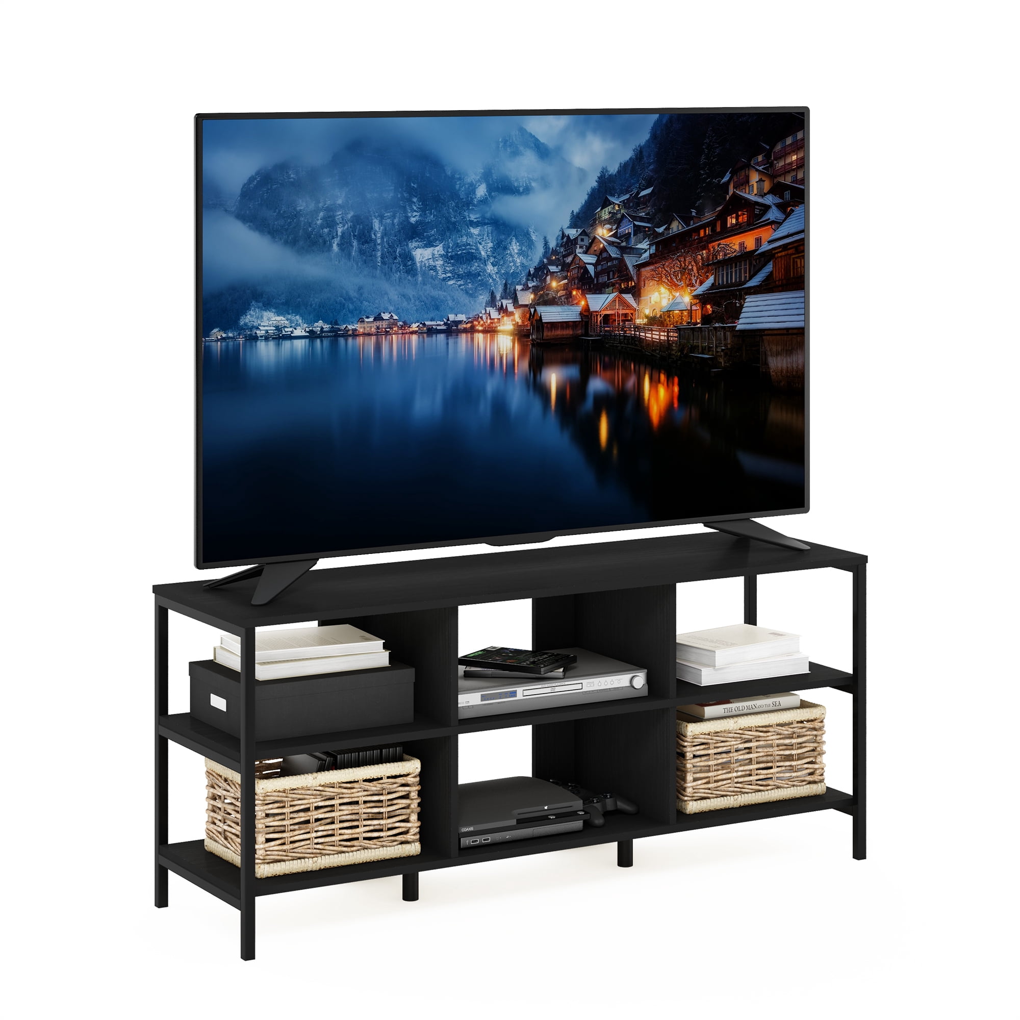 Furinno Classic Modern Living TV Stand, TV Entertainment Center with Open Shelves, for TVs up to 60 Inch, Americano/Black