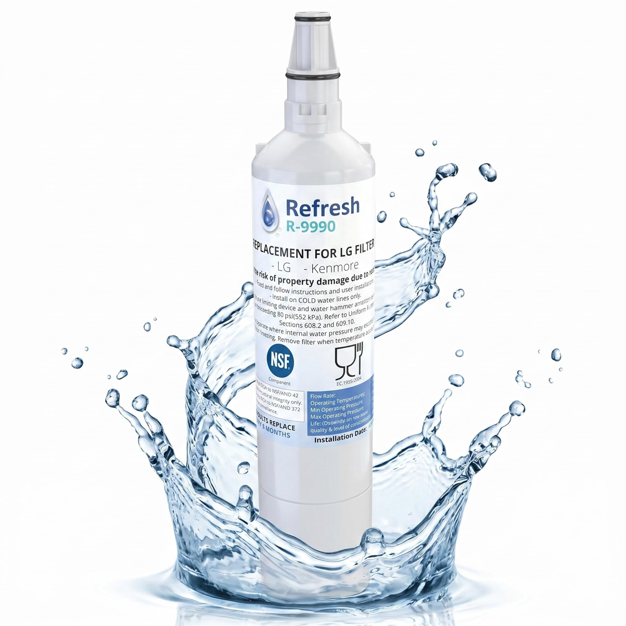 Refresh R-9990 Refrigerator Water Filter Replacement for LG LT600P, LT600, 5231JA2006A, 5231JA2006B, 46-9990, 469990, NSF/ANSI 42, 6-Month, 1-Pack