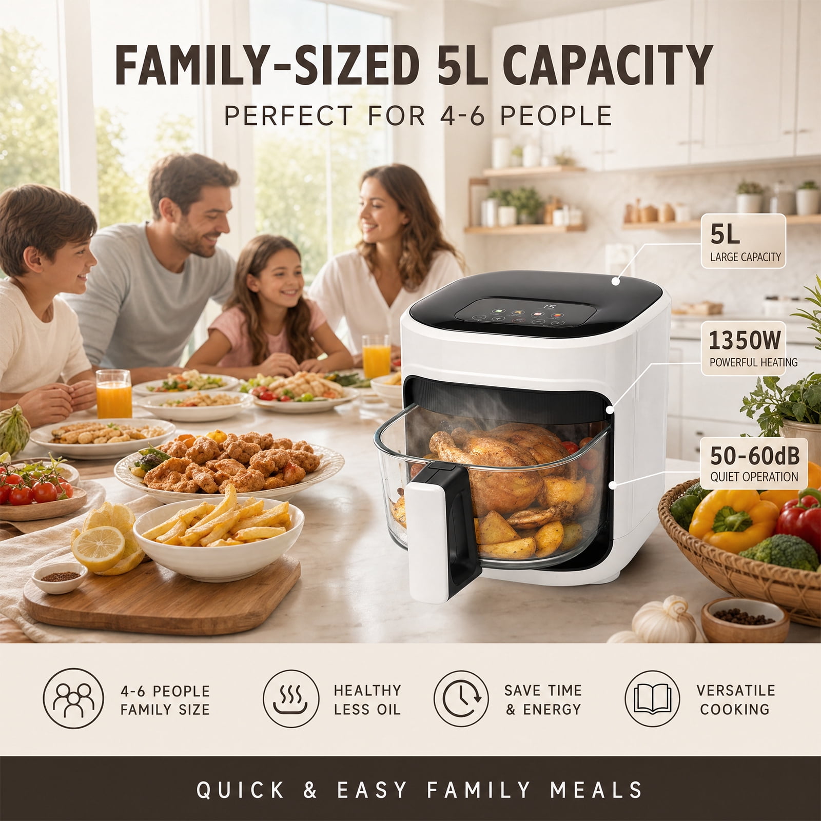 Air Fryer 5L with Touch Control, Adjustable tTemperature up to 200°C, 0-60-Minute Timer, 4 Preset Menus, Oil-free Cooking, and 1350W Power, Ideal for Families of 3-5 People.