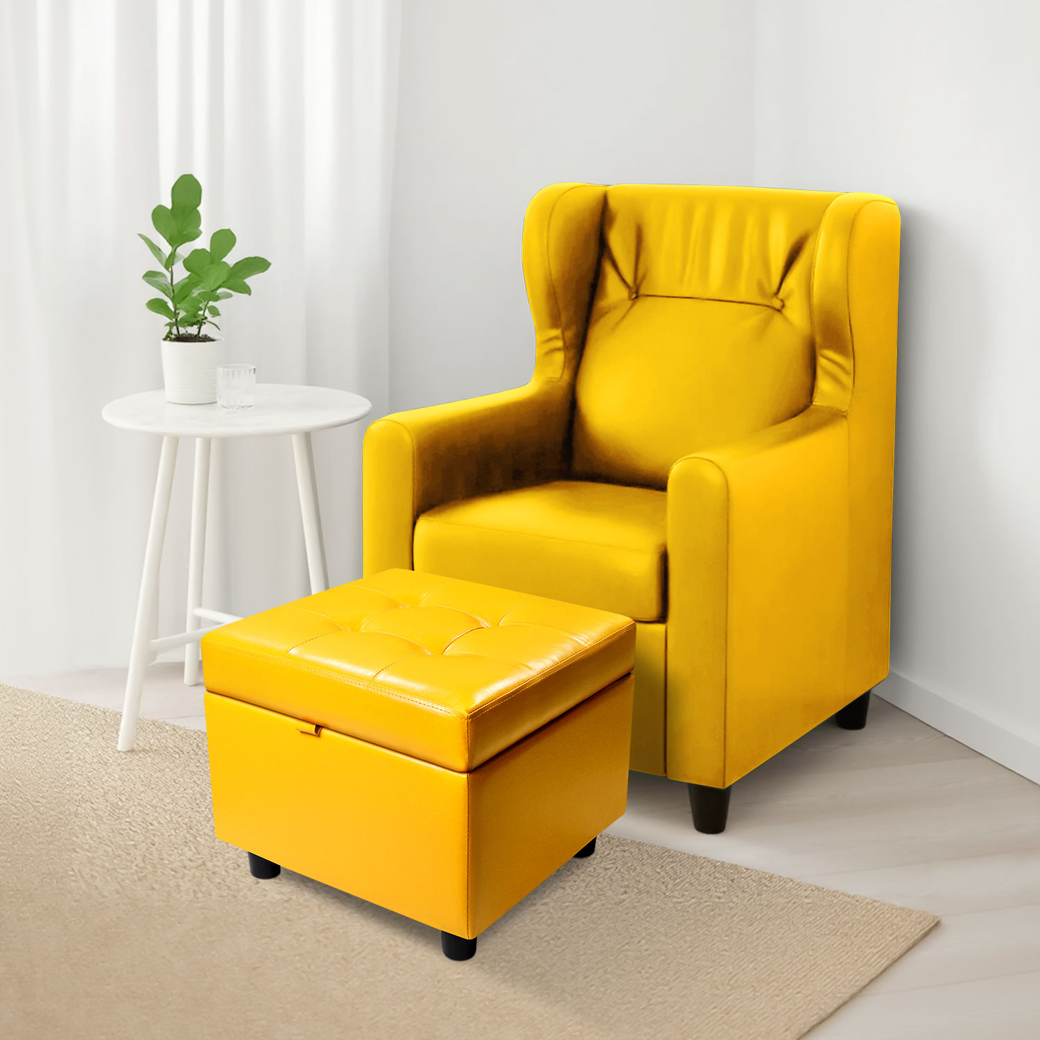 H&B Luxuries Tufted Leather Square Flip Top Storage Ottoman Cube Foot Rest (Yellow with Storage)
