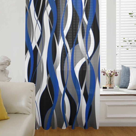 Blue Black Stripes Semi Sheer Curtains Drapes for Living Room,Bedroom,French Doors Window 96 Inches Long,Modern Abstract Ombre Grey White Lines Rod Pocket Chiffon Curtain Voile Drapery Panel