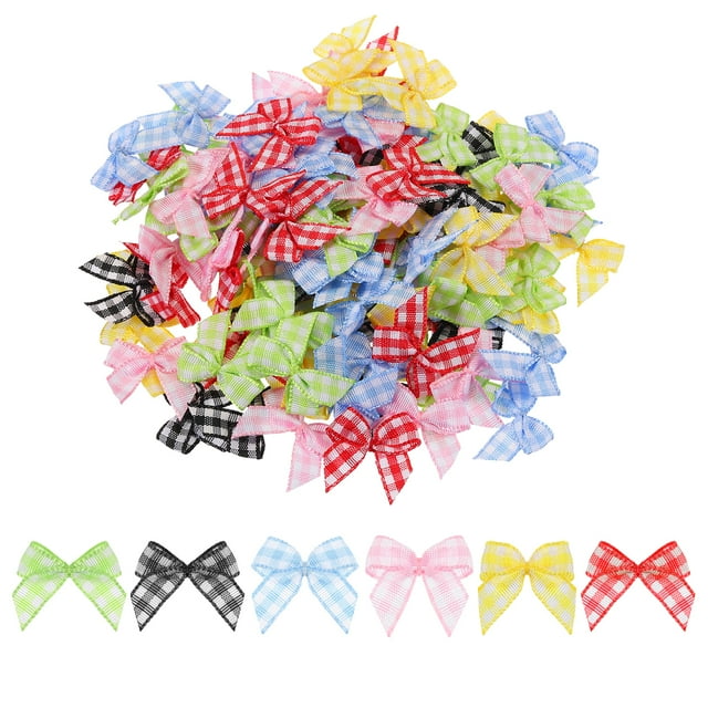 120Pcs Mini Gingham Ribbon Bow 1" Checkered Fabric Satin Ribbon Bows for Craft DIY Hair Bow Sewing 6 Colors