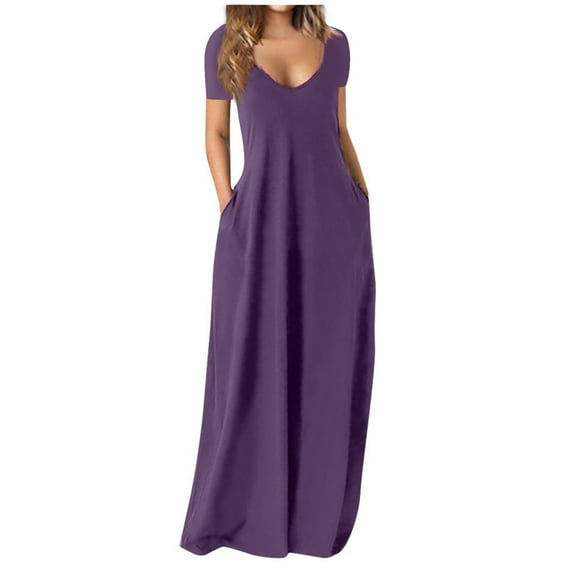 Lenago Women's Summer Dress Plus Size Deep V-Neck Standard-Fit Short Sleeve Solid Maxi Party Dress