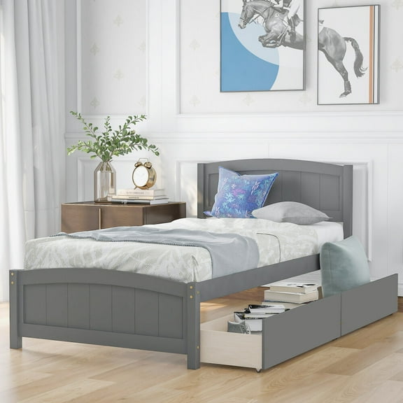 Tcbosik Twin size Platform Bed with Two Drawers, Gray