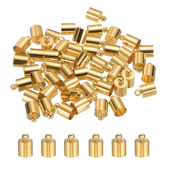Uxcell 50-Pack Tassel Cord End Caps, 7mm ID Copper Glue in Leather Barrel Kumihimo End Tip Bead Caps Cord Terminators [Light Gold]