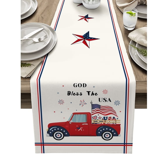 American Flag Truck Celebration Table Runner 70 Inches, Flag Day Beige Fireworks Bed Runner Dresser Scarves Tabletop for Indoor Outdoor Parties/Ceremony/Banquet, 13" x 70"