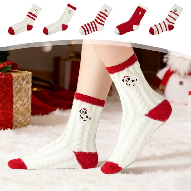 Calcetines de Navidad para mujer - Calcetines gruesos de forro polar hasta la mitad de la pantorrilla, calcetines de peluche multicolor para el suelo de invierno con bordados festivos