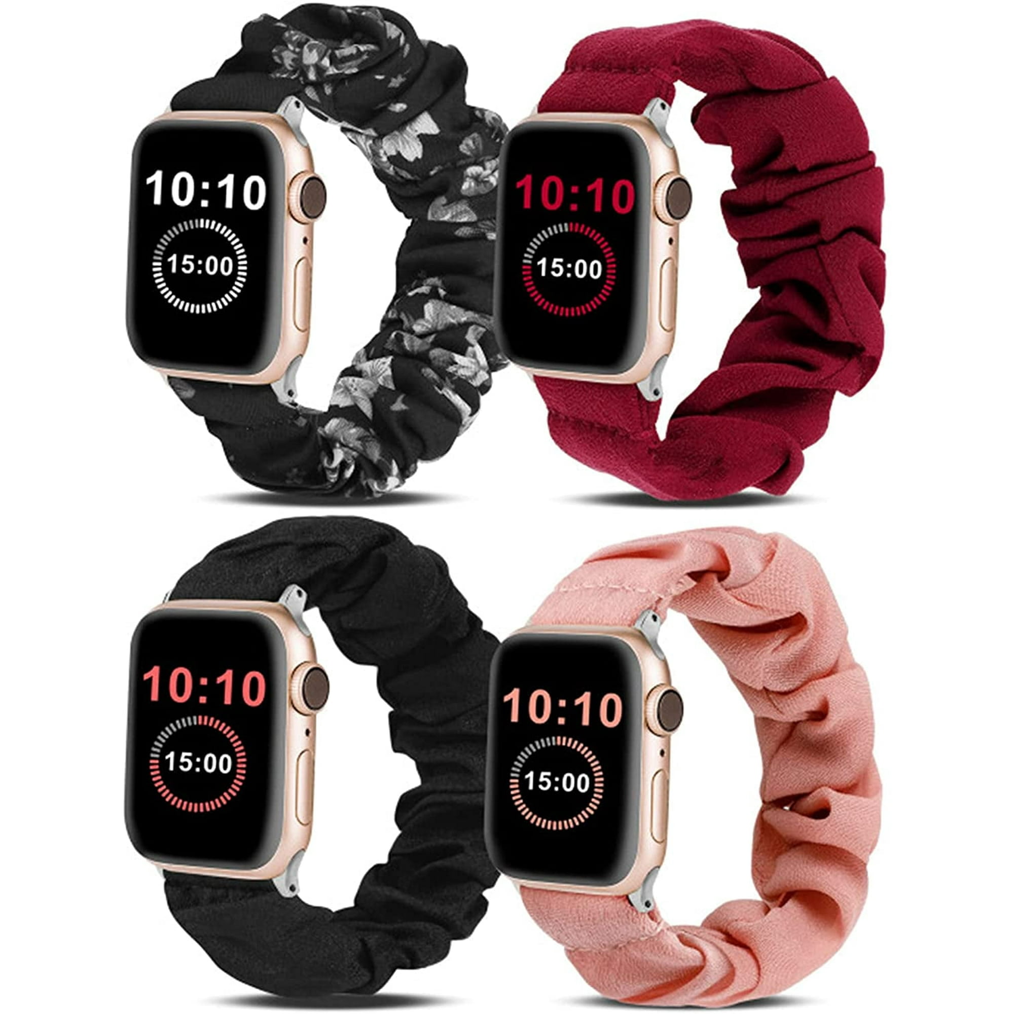 Wearlizer 4 Packs Compatible with Apple Watch Band Scrunchie Soft Cloth 38mm 40mm 41mm 42mm 45mm 46mm 49mm, Cute Printed Elastic Watch Bands Women for Apple iWatch Ultra 2/Ultra/10/9/8/7/SE/6/5/4/3
