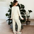 thumbnail image 6 of Women's Satin 2-Piece Pajama Set with Button-Up Long Sleeve Top and Relaxed Fit Pants - X Large, Light Beige, 6 of 6