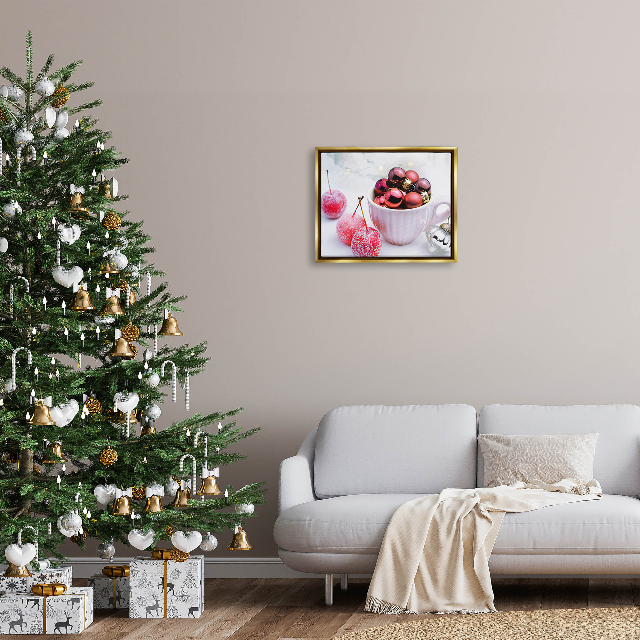 Gleaming Red Christmas Ornaments Holiday Photograph Metallic Gold Framed Art Print Wall Art