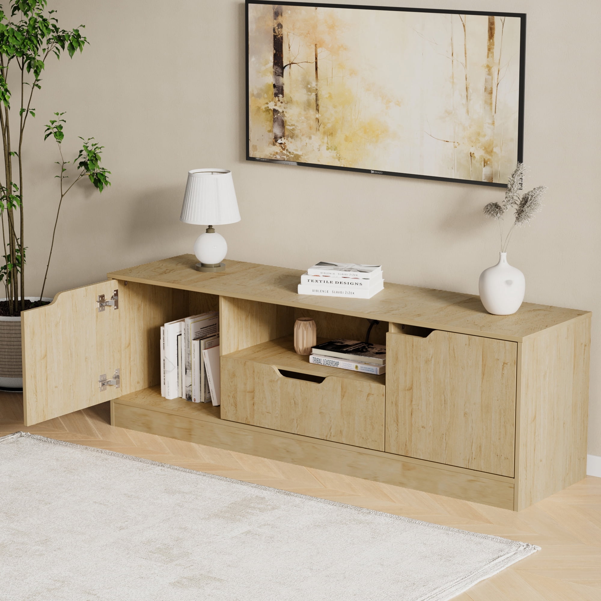 Modern TV Stand for 55/60/65 Inch TV, Media TV Console Table with 2 Doors & Drawer, Entertainment Center with Storage Cabinet for Living Room, Bedroom, Oak