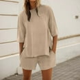 thumbnail image 2 of Shirt And Shorts Set Women Short Sleeve Solid Crew Neck Side Slit Loose T Shirt Shorts Matching Set Summer Outfits For Women Khaki M, 2 of 4
