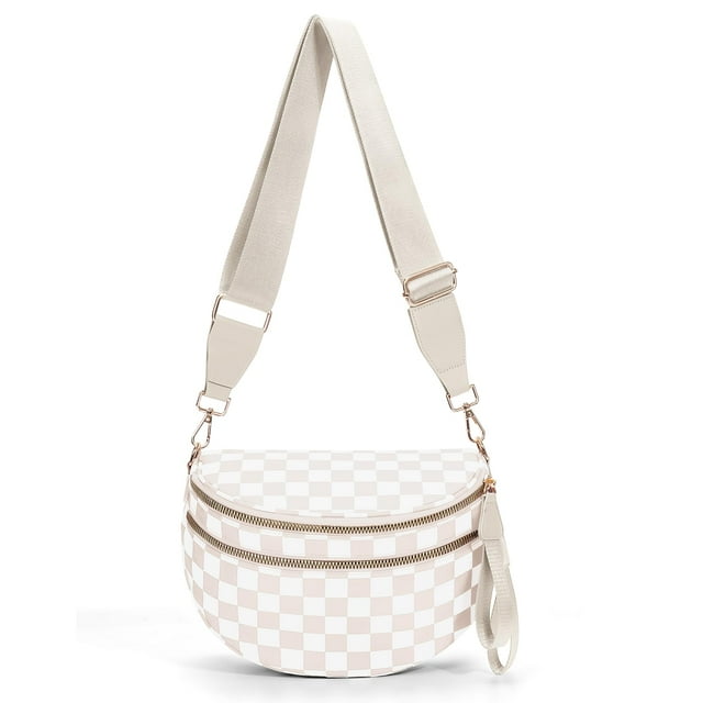 Riñonera Bandolera de Nylon a Cuadros Beige 31x14x22 cm