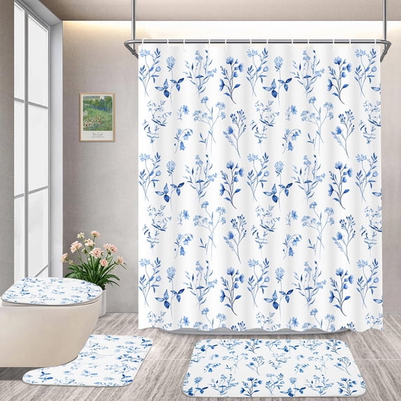 FRAMICS 16-Piece Watercolor Floral Shower Curtain Sets with Rugs, Blue Botanical Bathroom Sets, Waterproof Fabric Bathroom Curtain Decor with Hooks