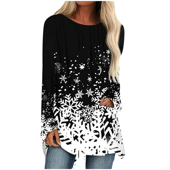 2025 Clearance under $5 asdoklhq Womens Plus Size Tops Clearance,Women's Casual Christmas O-Neck Printed Long-sleeved Gegular Blouse Pullover Tops