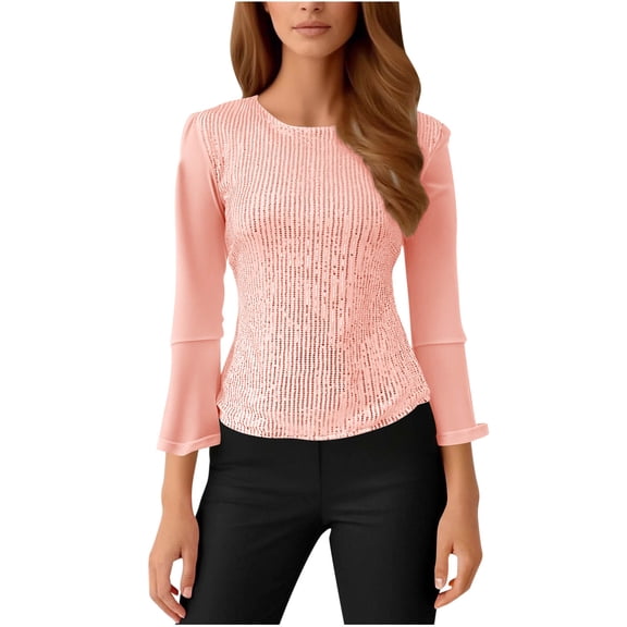 Olyvenn Womens Ruffle 3/4 Sleeve Tops Lightweight Sparkly Elegant Dressy Blouses Sexy Double Layers Cute Mesh Tunic Shirts Pink M