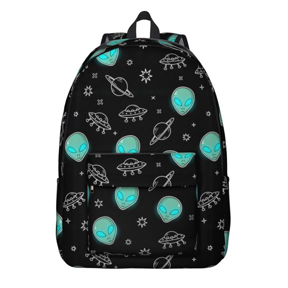 Alien Head and UFO Deep Black Pattern Backpack for School, Cute School Bag with Adjustable Shoulder Straps and Padded Back, 15.7"x11.8"x5.5"