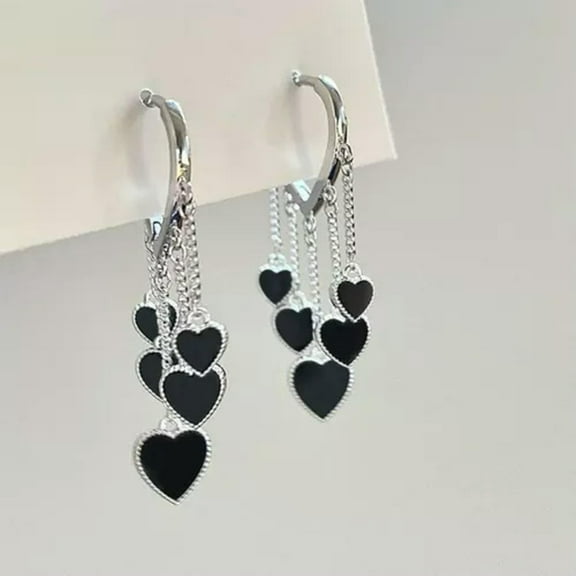 EOEMY Women Black Heart Tassel Earrings Ear Line Hoop Drop Dangle Jewelry Fashion Gift-Silver