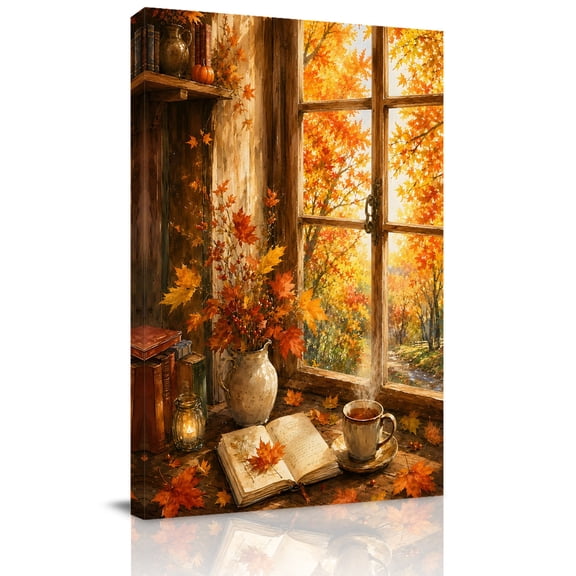 Canvas Wall Art, Fall Thanksgiving Framed Canvas Prints for Bedroom Bathroom, Farmhouse Book Maple Leaves Trees Forest Gallery Wrapped Wall Decor for Home Office, Gifts, 11"x14" Ship Next Day