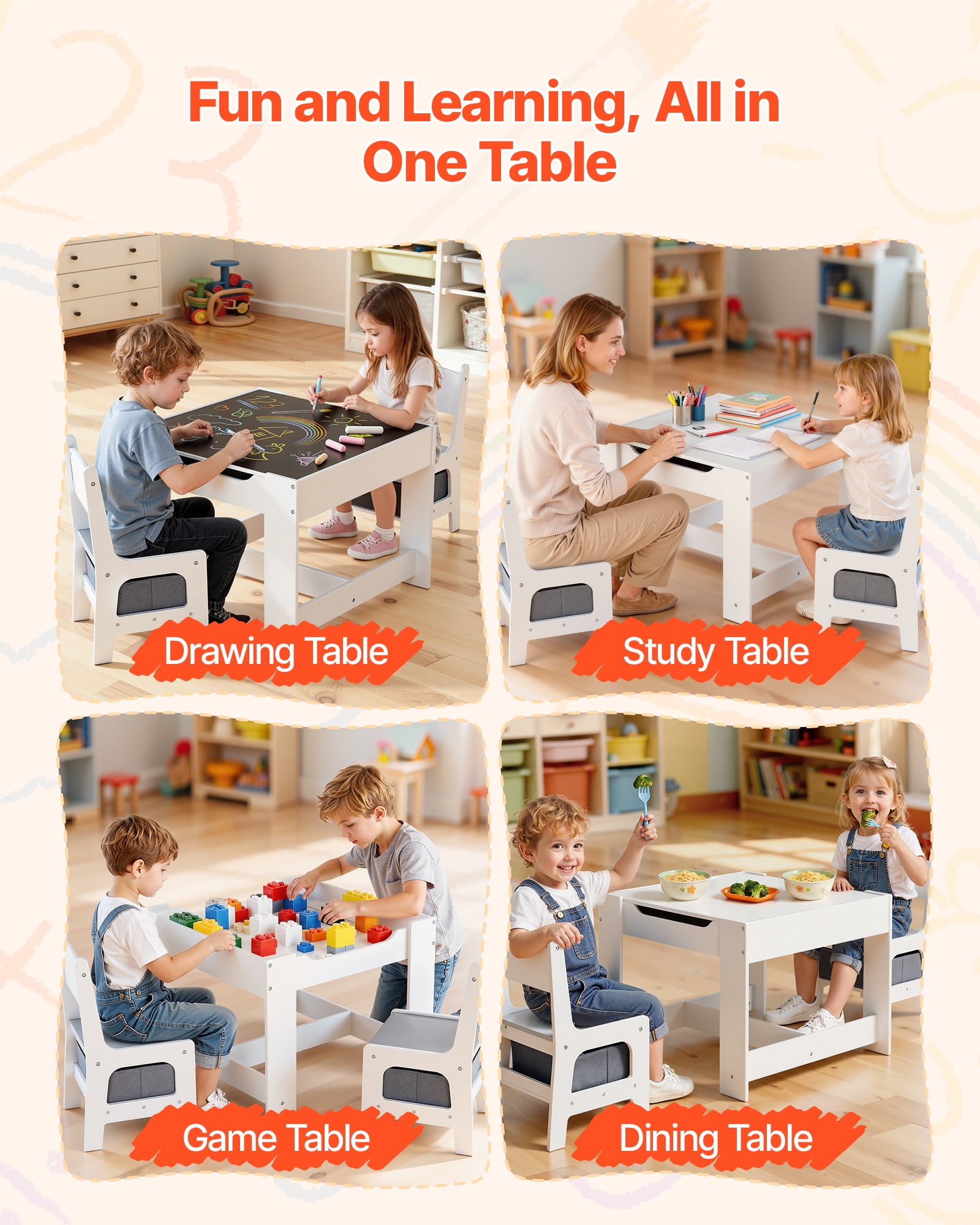 VEVOR Kids Table and 2 Chairs Set, Toddler Table and Chair Set with Storage Space under the Table, Cloth Storage Box under the Chairs, Wooden Desk for Art, Craft, Reading, Learning, Drawing, White