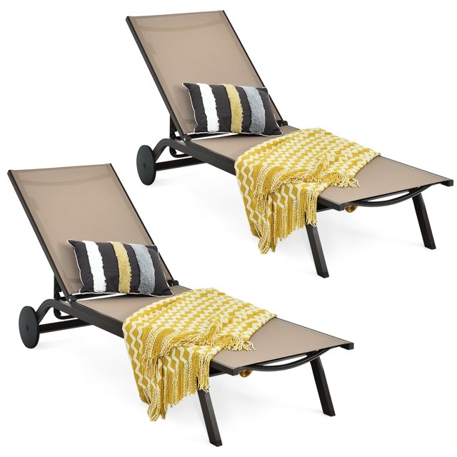 Topbuy Chaise Longue Inclinable d'Extérieur en Aluminium, 2 Pcs, avec Dossier Réglable, Brun