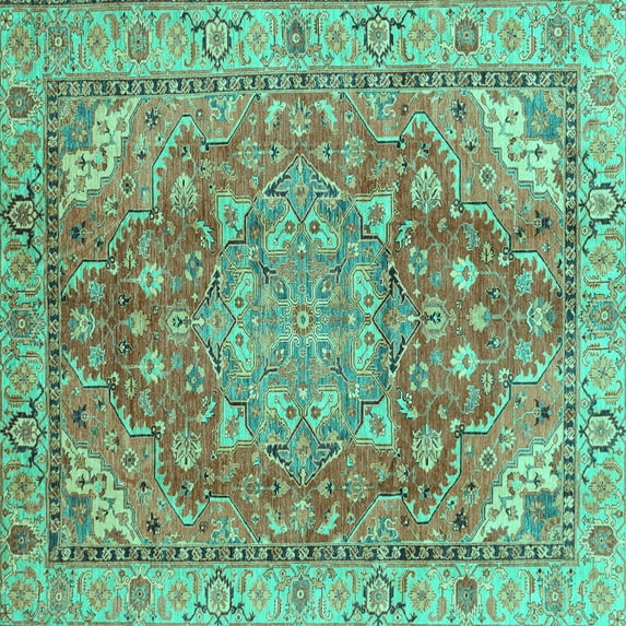 Ahgly Company Machine Washable Indoor Square Persian Turquoise Blue Traditional Area Rugs, 6' Square
