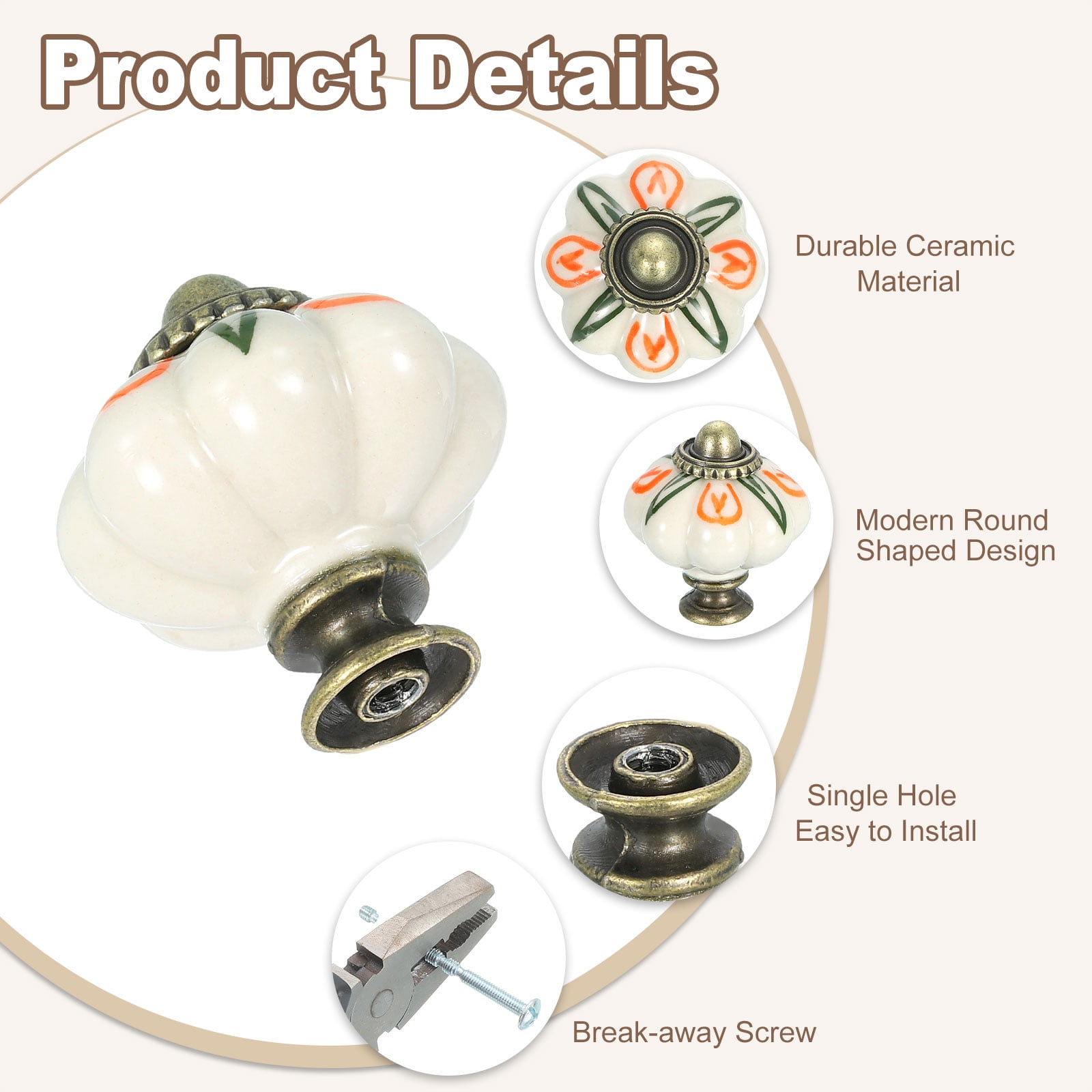 Uxcell 6 Pack Ceramic Knobs, 35mm/1.38" Pumpkin Cabinet Knob Drawer Pull Handle Vintage Drawer Knobs with Screws for Vanity Bedroom Furniture Closet, Brown Flower