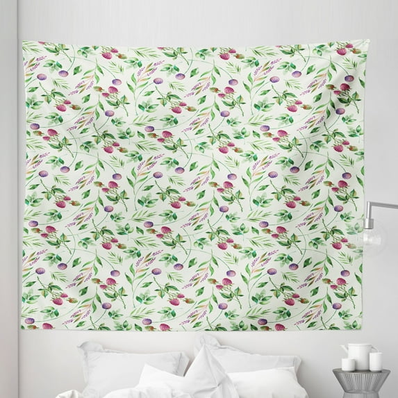 Garden Tapestry, Raspberry Spring Branches Leaves Petals Seasonal Florets Watercolor Art, Fabric Wall Hanging Decor for Bedroom Living Room Dorm, 5 Sizes, Pink Fern Green Violet, by Ambesonne