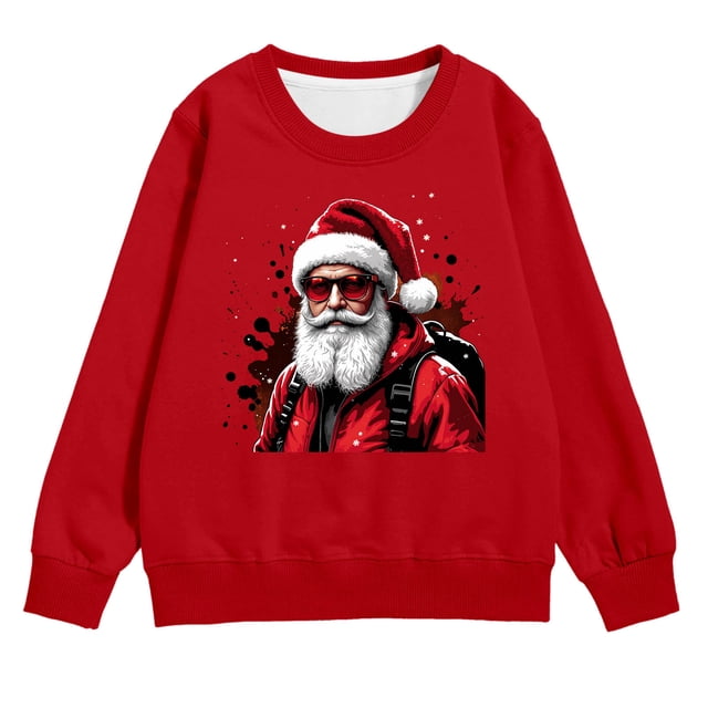 PMVFHDE Chandail à Capuchon et Chandails en Molleton pour Filles Imprimé Manches Longues Col Rond avec Poche Chandail Confortable Doux Décontracté pour Enfants Saison des Fêtes Rouge, 5-6 Ans