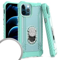 Kaleidio Case For iPhone 12 Pro Max (6.7") [Metal Jacket] Impact Protection [Diamond Studs Ring Stand] Protector Armor Cover [Teal/Teal]
