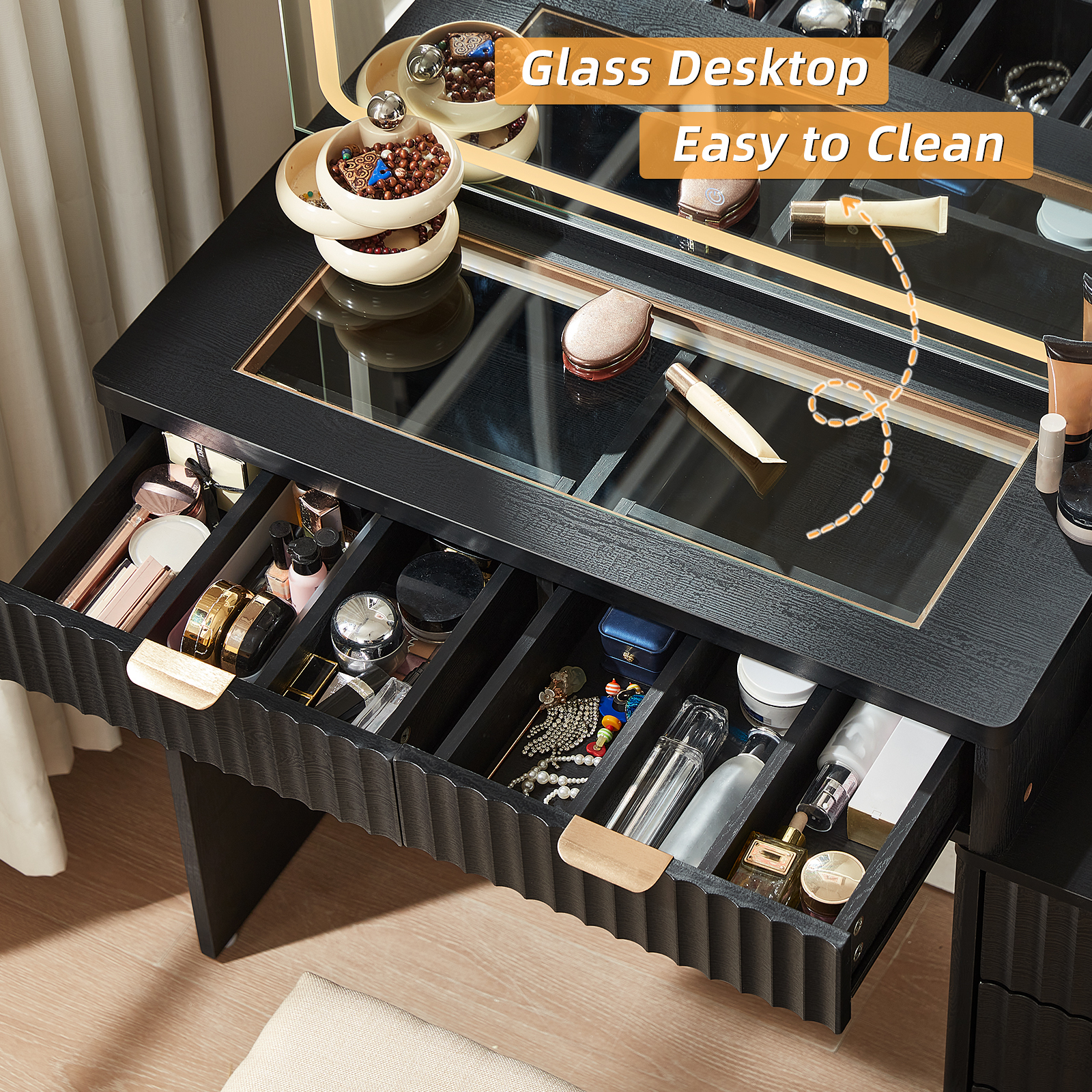 43.5" Vanity Desk with Mirror, LED Lights and Charging Station, Makeup Vanity with 3 Shelves & 6 Fluted Drawers, Vanity Set for Bedroom, Black