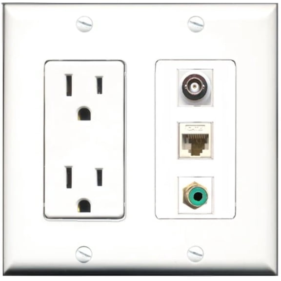 RiteAV - 15 Amp Power Outlet 1 Port RCA Green 1 Port BNC 1 Port Cat6 Ethernet Ethernet White Decorative Wall Plate