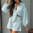 thumbnail image 4 of Womens Casual 2 Piece Outfits Stripe Long Sleeve Button Down Shirts Loose Shorts Lightweight Lounge Tracksuit, 4 of 8