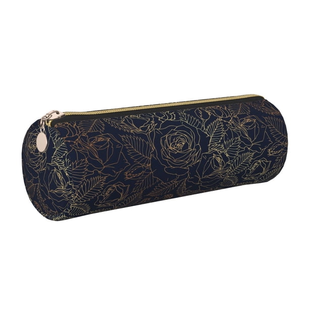 Easygdp Copper-Gold Gloss Outline Rose para Estuche de Lápices Cilíndrico de Cuero con Cremallera, Organizador de Lápices de Cuero para Escuela, Oficina y Viajes