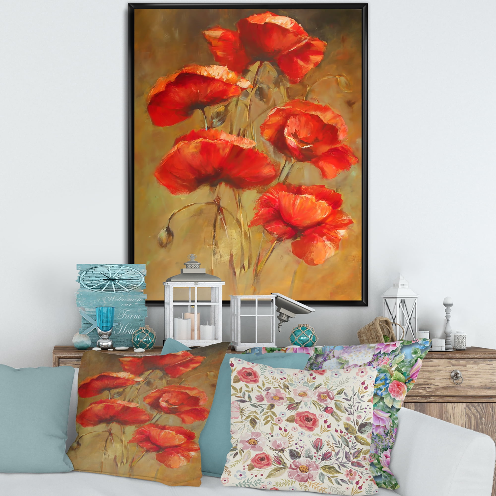 Designart 'Blooming Vintage Poppies I' Traditional Framed Canvas Wall Art Print