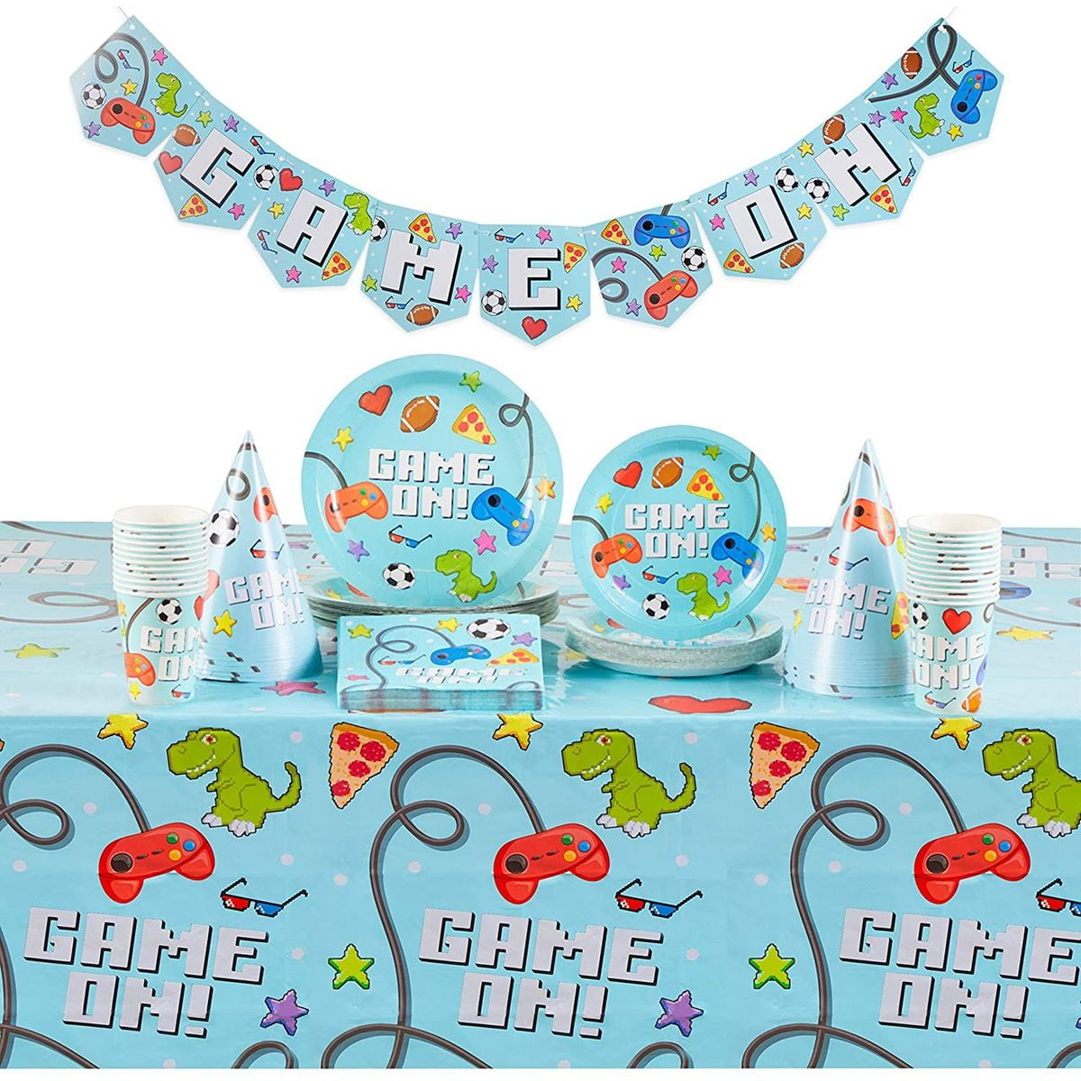 Serves 24 Video Game Party Supplies Decorations with Banner, Tablecloth, Hats, Paper Plates, Napkins & Cups for Kids Birthday